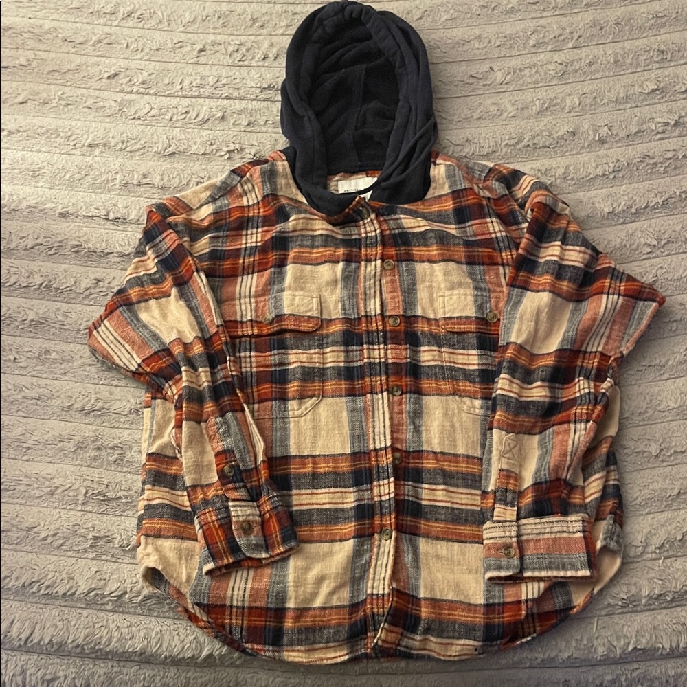 American Eagle Outfitters Hooded Plaid Shirt - Red, Blue, Cream